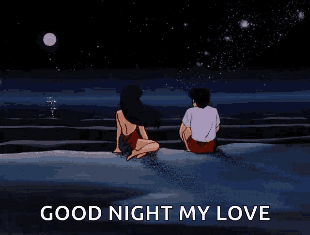 a cartoon of a man and a woman sitting on the beach with the words good night my love above them