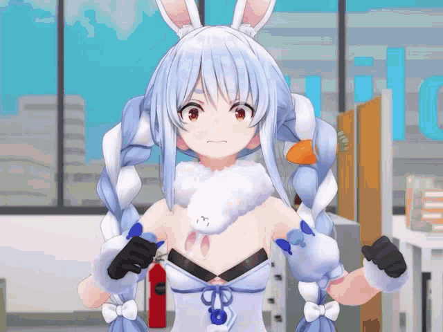a girl with bunny ears is holding a fire extinguisher in her hand