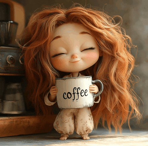a doll with red hair is holding a coffee mug