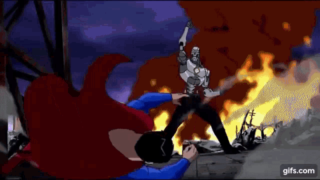 a cartoon of superman fighting a robot with a gun in front of a building on fire .