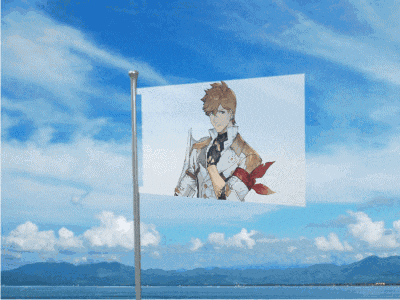 a flag with a picture of a man holding a sword against a blue sky