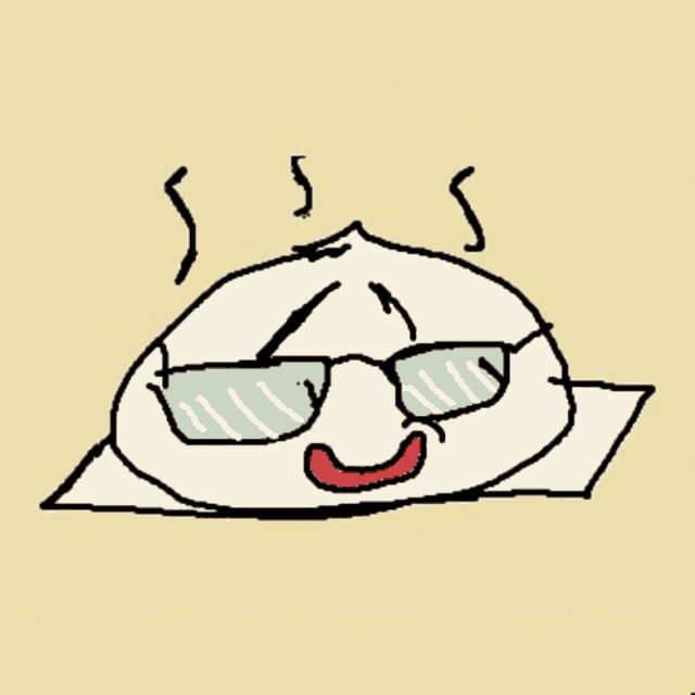 a cartoon drawing of a person wearing glasses and a dog eating it