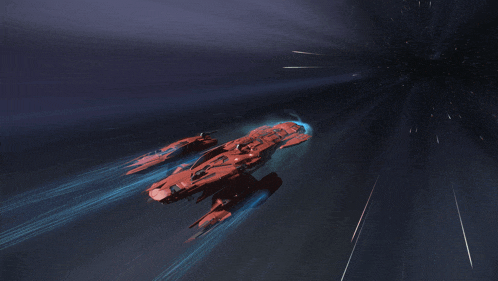 a red spaceship is flying through a dark space