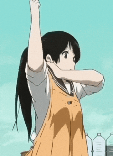 a girl with a ponytail is standing in front of a blue sky