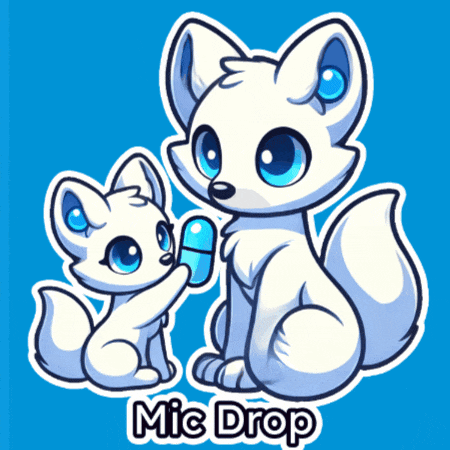 a cartoon of two white foxes with blue eyes and the words " mic drop " below them