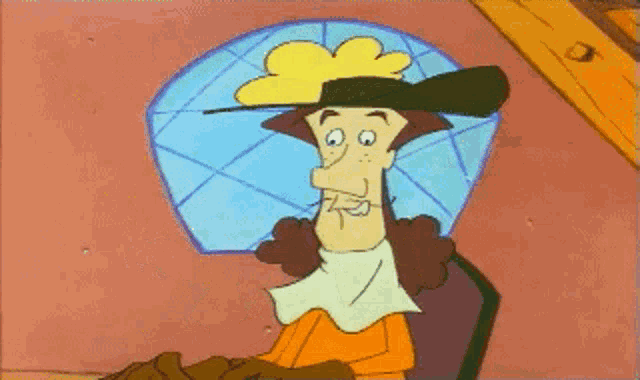 a cartoon of a man wearing a hat and a yellow flower on his head