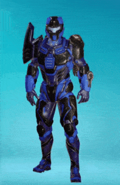 a blue and black robot with a shield on his back