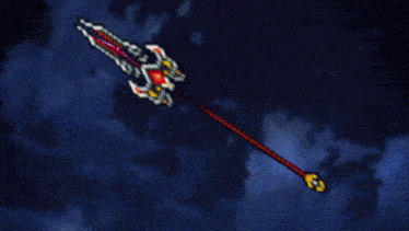 a pixel art of a sword flying through the air in a purple and red background .