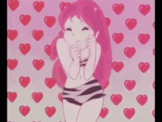 a cartoon girl with pink hair is standing in front of a pink background with hearts .