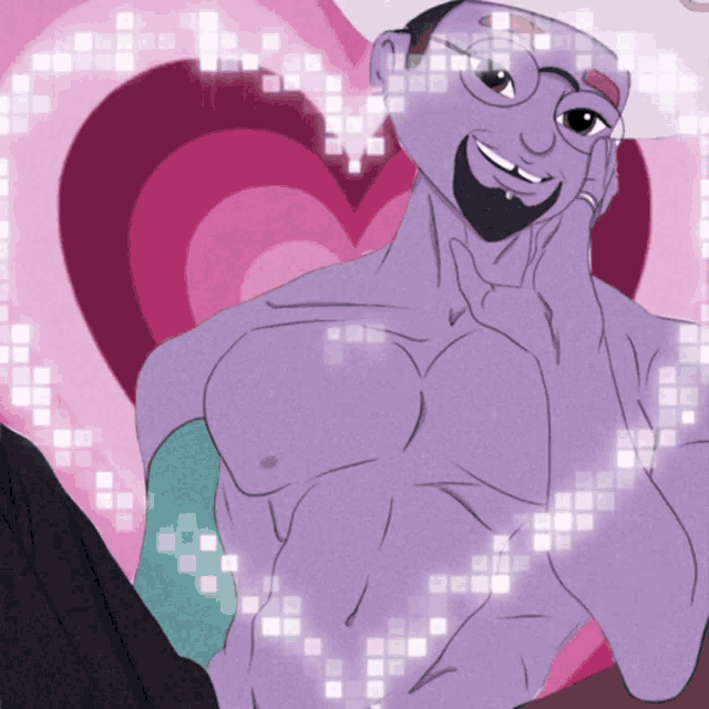 a cartoon drawing of a shirtless purple man with glasses