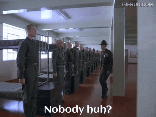 a group of soldiers standing in a hallway with the words nobody huh written on the bottom