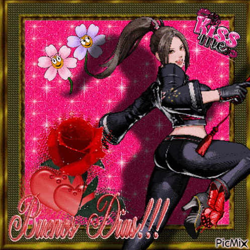 a picture of a girl with flowers and the words buenos dias on it