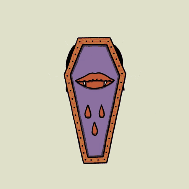 a cartoon drawing of a coffin with vampire wings and blood drops