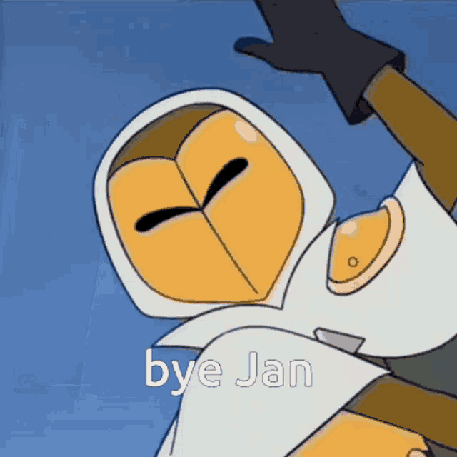 a cartoon character says bye jan in front of a blue sky .
