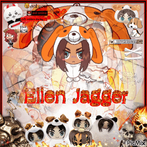 a picture of anime characters with the name ellen jagger in red