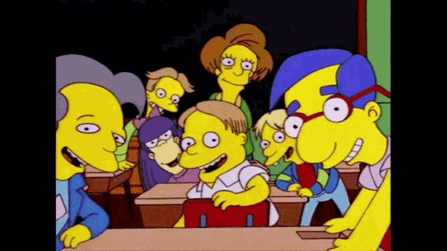 a group of cartoon characters are sitting at desks in a classroom and smiling