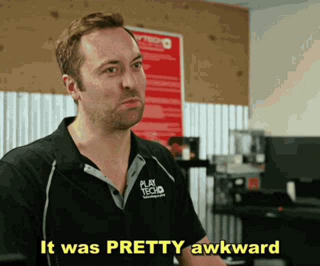 a man says it was pretty awkward in front of a red sign