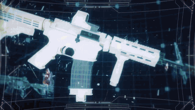 a white rifle is displayed in a futuristic image