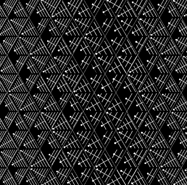 a black and white geometric pattern with lines and dots on a black background