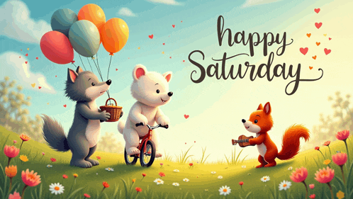 a happy saturday greeting card with a squirrel playing a guitar