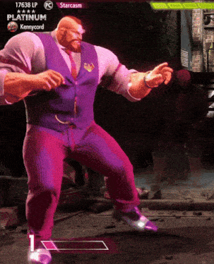 a video game character named kennycord is wearing a purple suit