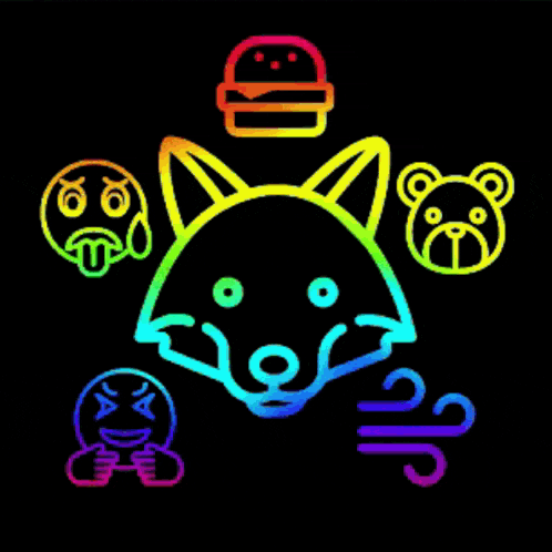 a rainbow colored drawing of a fox surrounded by smiley faces