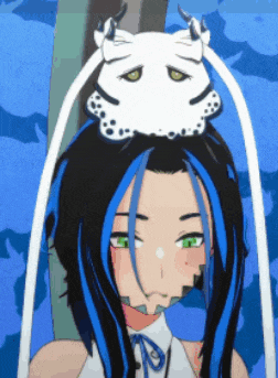 a girl with blue and black hair has a white mask on her head