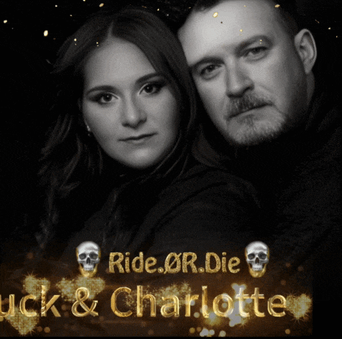 a black and white photo of a man and a woman with the words ride or die luck & charlotte