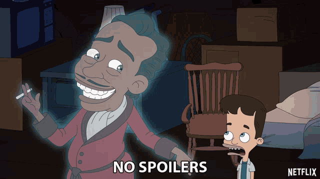 a cartoon of a man smoking a cigarette with the words " no spoilers " above him