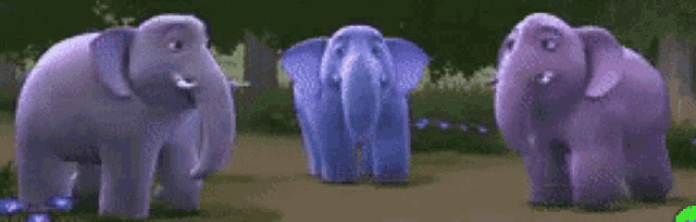 three elephants are standing next to each other on a dirt road