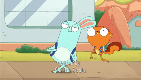 a rabbit and a squirrel are standing next to each other and the cartoon is written by quinn scott