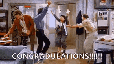 a group of people are dancing in a living room with the words `` congratulations '' .