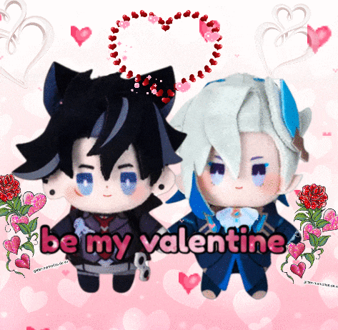 a couple of stuffed animals holding hands with the words be my valentine on the bottom