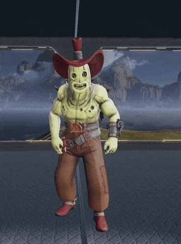 a cartoon character wearing a red cowboy hat and brown pants