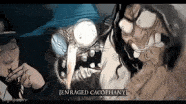 a cartoon of a man smoking a cigarette and a monster with the words enraged cacophany on the bottom