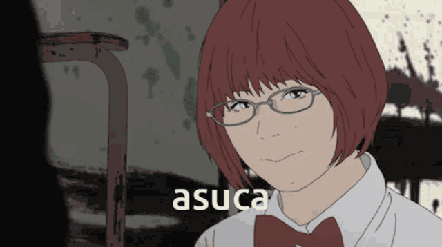a cartoon of a girl with red hair and the name asuca