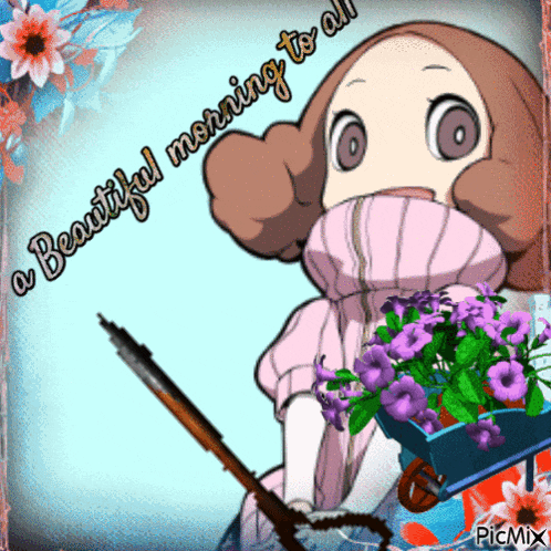 a picture of a girl with purple flowers and the words " beautiful morning to all "