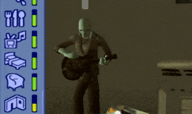 a video game screen shows a man playing a guitar in a dark room