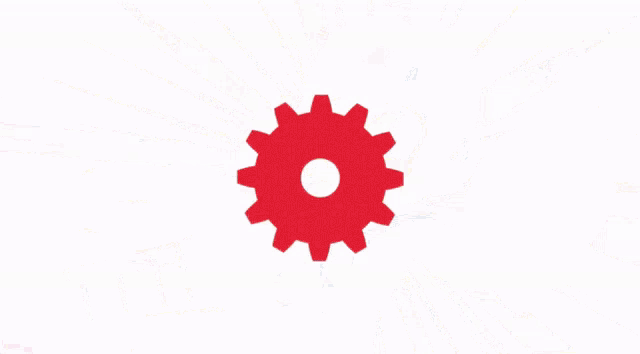 a blue robot with red eyes and a red gear behind it