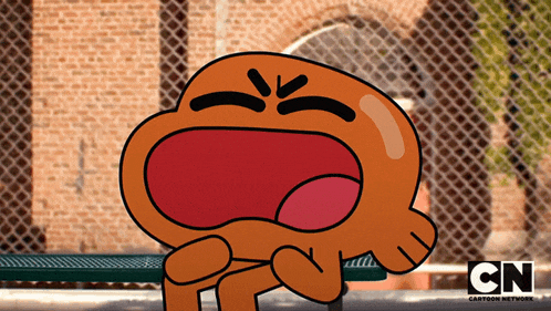 a cartoon character from the amazing world of gumball is sitting on a bench