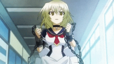 a girl in a sailor suit is chained to a wall .