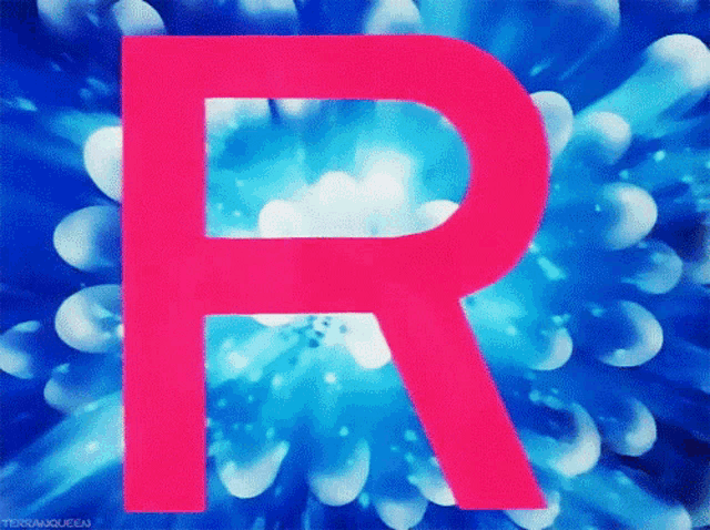 a pink letter r is surrounded by blue flowers
