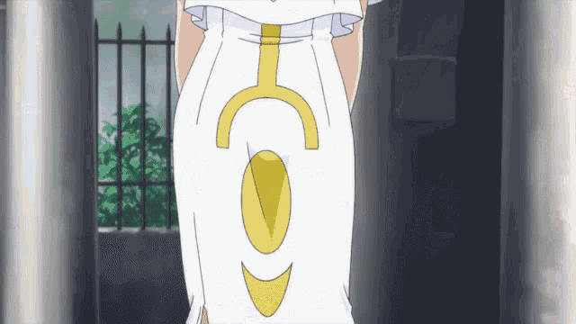 a woman in a white dress has a yellow crescent moon on the back of her dress