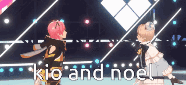 a couple of anime characters standing next to each other with the words kio and noel in the background