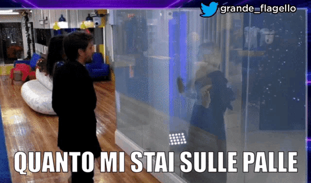 a man standing in front of a glass wall with the words " quanto mi stai sulle palle "