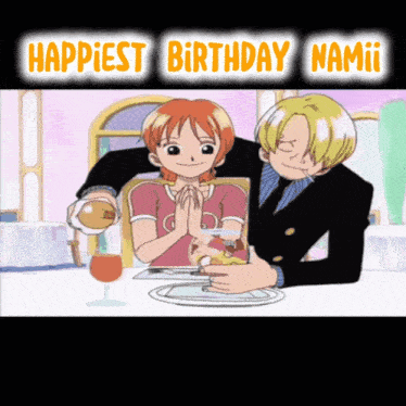 a cartoon of a man and a woman sitting at a table with the words happiest birthday namii written above them