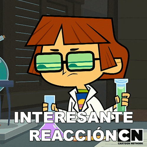 a cartoon of a boy holding a beaker with the words " interesante reaccion " written below him