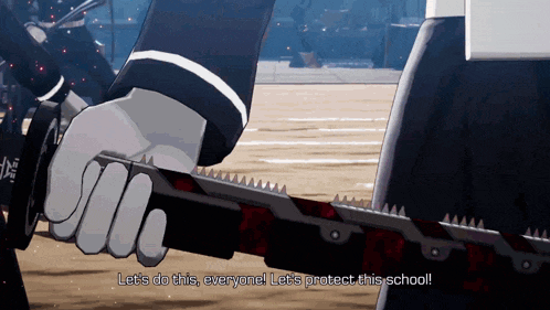 a person holding a sword that says " let 's do this everyone let 's protect this school "