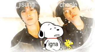 ji sung and chenle are standing next to each other with snoopy in the foreground