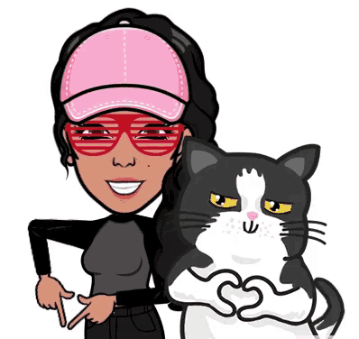 a woman wearing a pink hat and sunglasses is holding a black and white cat